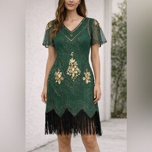 SWEETV Green Gold Flapper Dress Sequin Fringe Mesh Knee Length Short Sleeve L